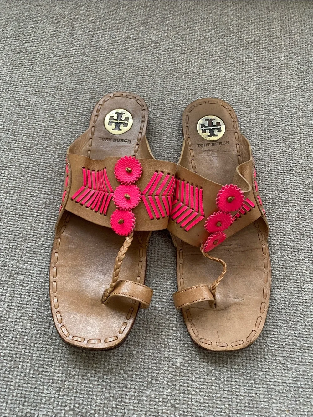 Tory Burch Tan Leather Slide Sandal with Pink Stitching